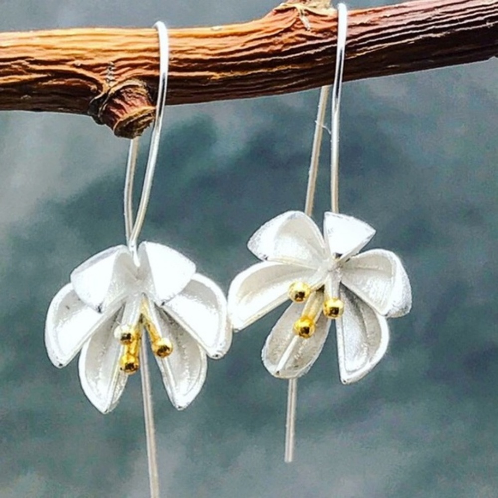 Long sterling silver flower earrings